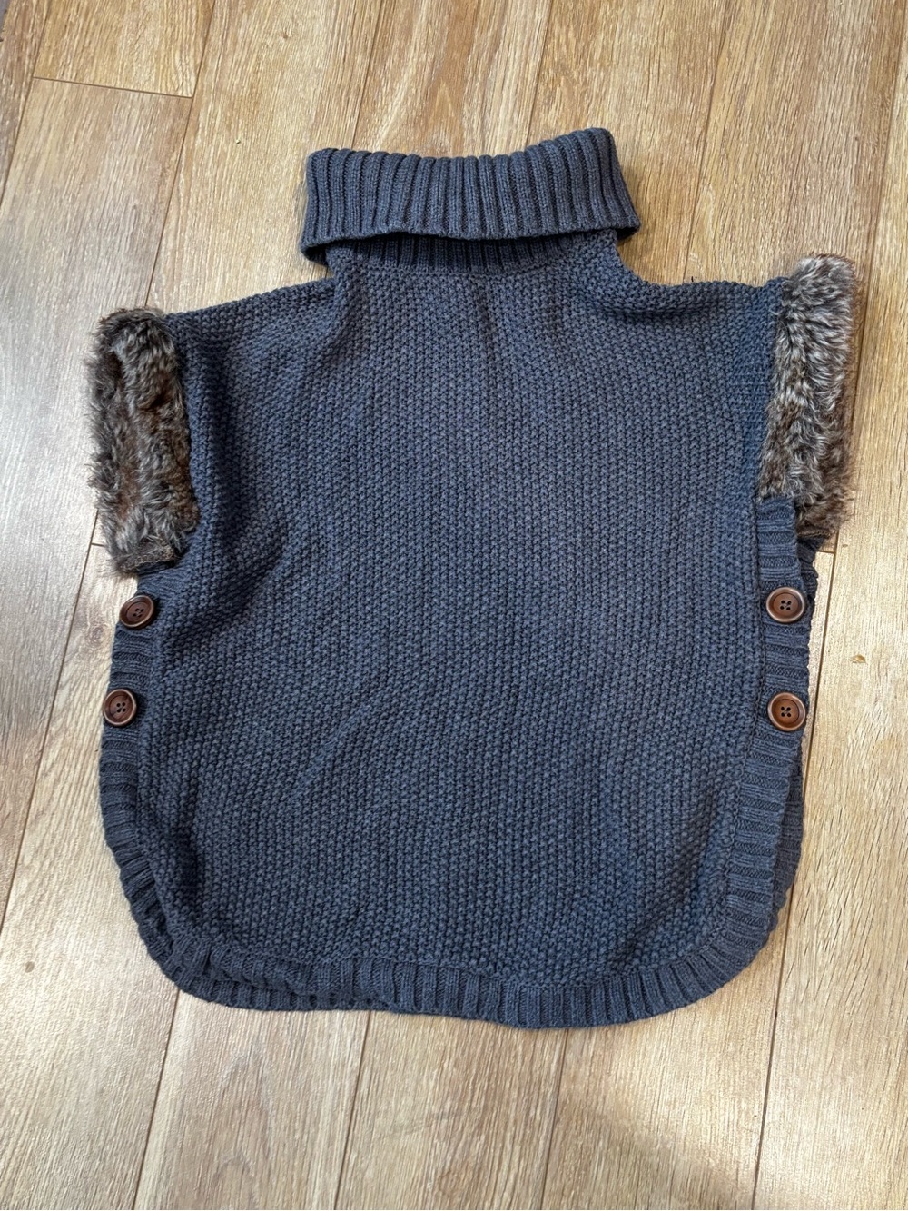 Turtleneck Knit Poncho with Faux Fur Trim - Charcoal